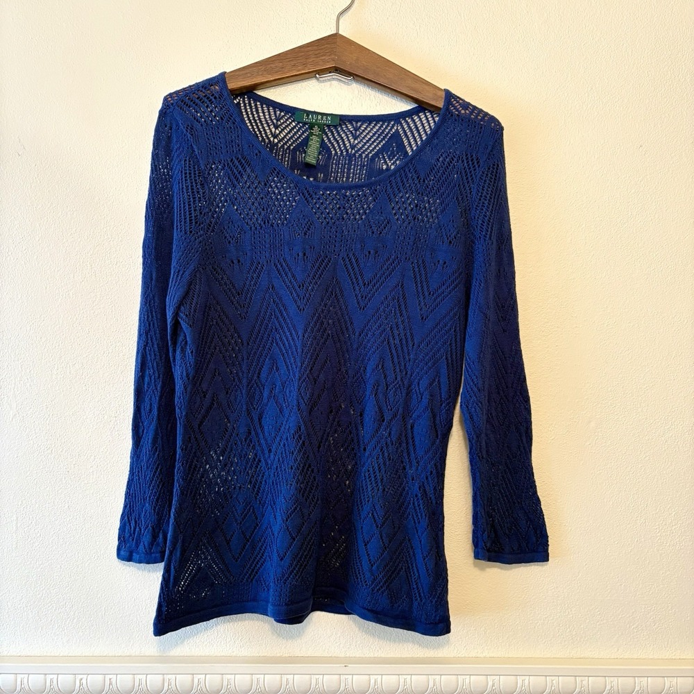 Lauren Ralph Lauren Open Knit Top Linen Cotton Women's XL Blue Scoop Neck Y2K